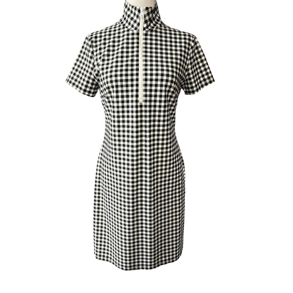 Jude Connally Black and White Gingham Zip-Front Short Sleeve Dress